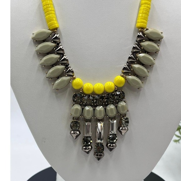 J. Crew Colorful Yellow Sage Green Gray Rhinestone Statement Gold Tone Necklace - Picture 2 of 16